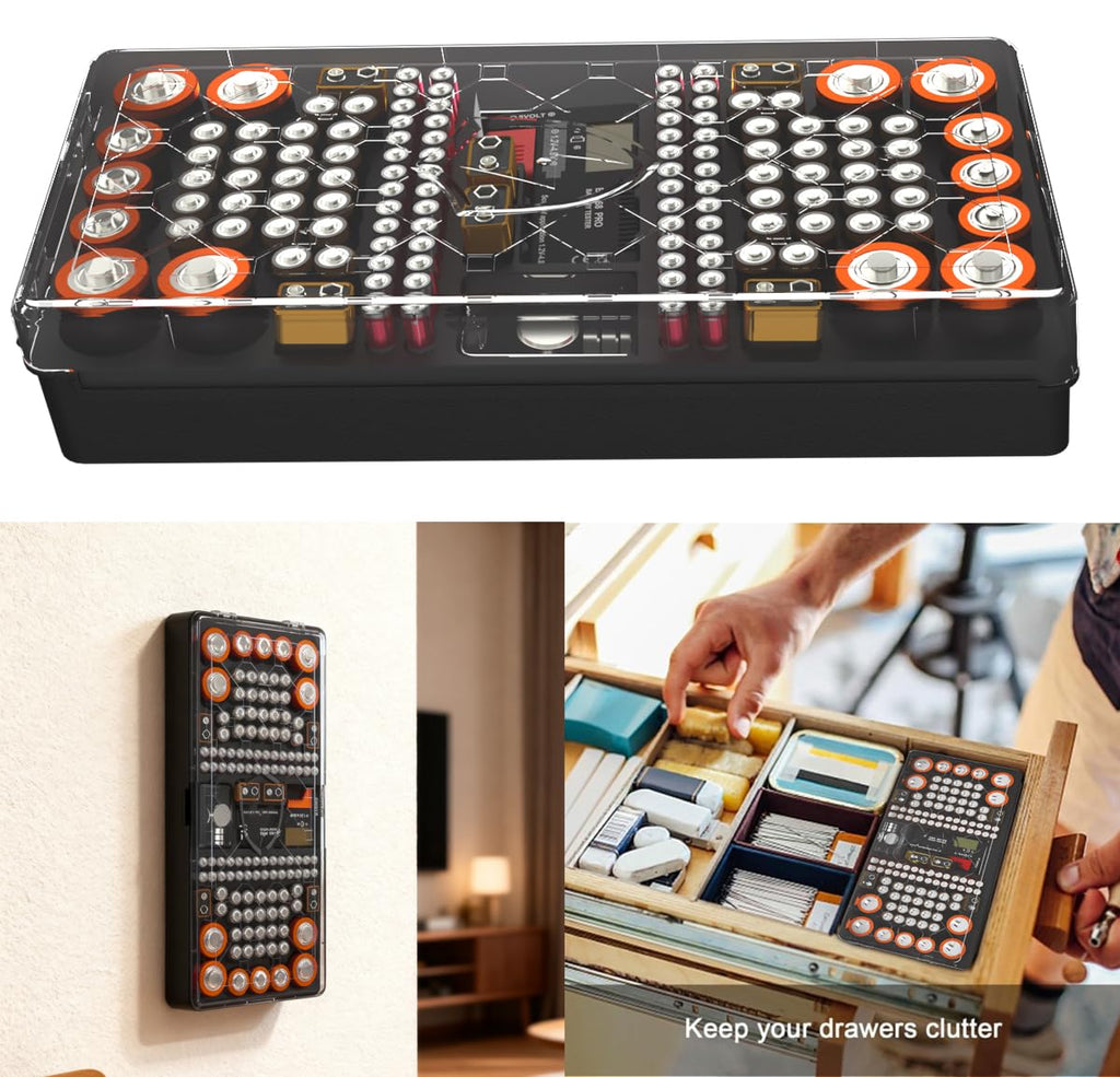 Battery Organizer Storage Case with Tester, Holds 136 Batteries | AA AAA C D 9V & Button Cell Slots Clear Locking Lid
