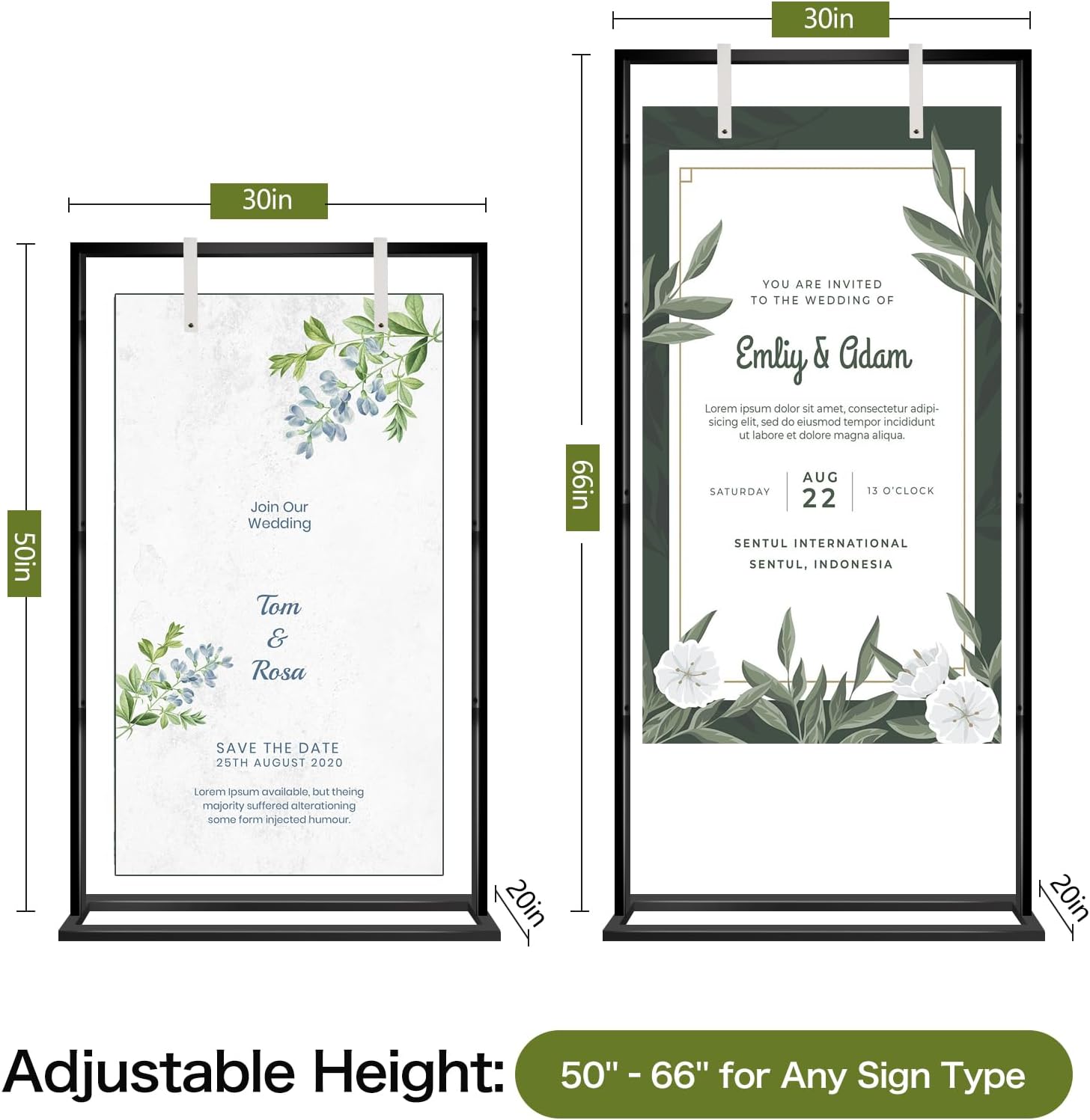 Wedding Sign Stand – Adjustable Metal Easel, 50" or 66" Floor Poster Holder, Black, Perfect for Wedding Welcome