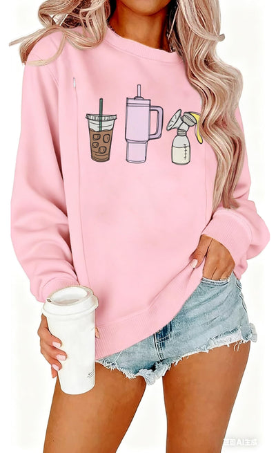 Women Nursing Sweatshirts for Breastfeeding Hidden Zipper Maternity Tops Long Sleeve Pullover Casual Clothes