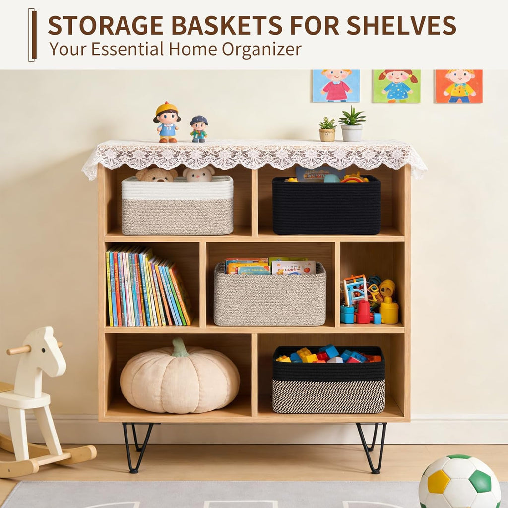 4 Pack Storage Baskets for Shelves, Rectangle Woven Baskets for Organizing, Cotton Rope Storage Bins for Baby Toys