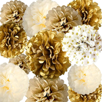 12-Piece Set of Gold and White Hanging Tissue Paper Pom Poms for Engagement, Wedding, Birthday, Bachelorette, and