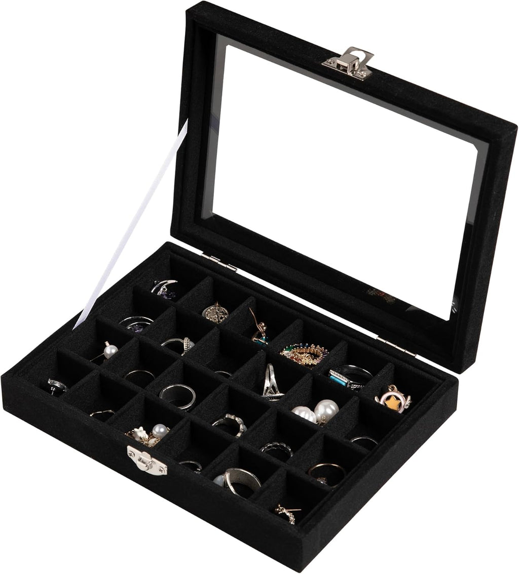 24 Grid Jewelry Tray,Velvet Stud Earring Organizer,Small Jewelry Organizer with Clear Lid,Lockable Earring Holder