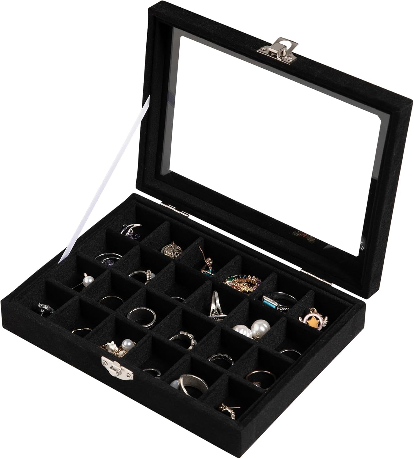 24 Grid Jewelry Tray,Velvet Stud Earring Organizer,Small Jewelry Organizer with Clear Lid,Lockable Earring Holder