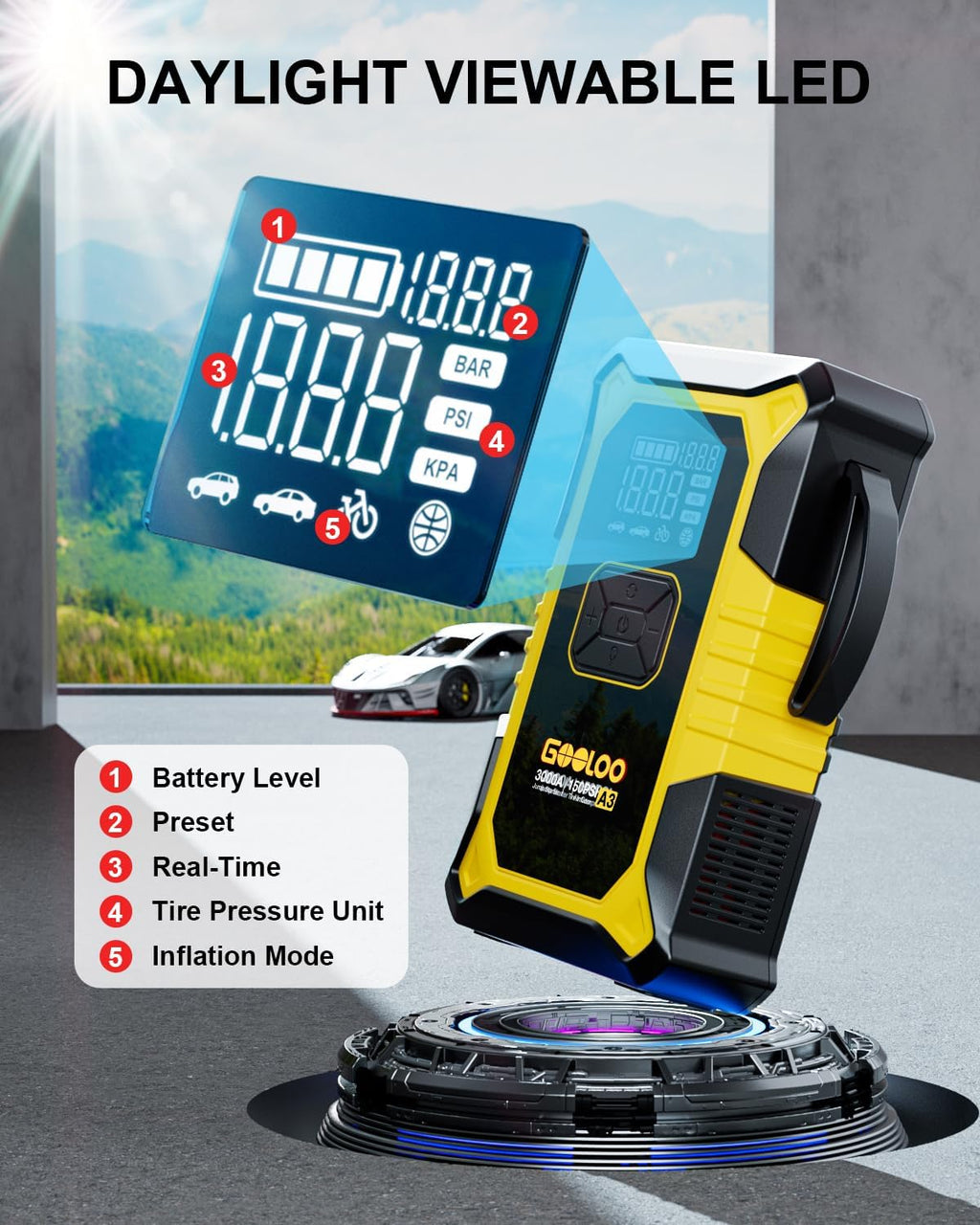 A3 Jump Starter with Air Compressor, 3000A Portable Car Battery Jumper Starter (9.0L Gas/6.5L Diesel) with 150PSI