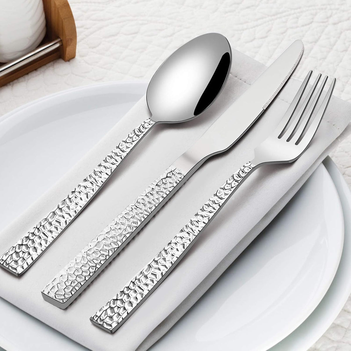 Hammered Silverware Set, 60-Piece Stainless Steel Flatware for 12, Modern Eating Utensils Tableware Cutlery for