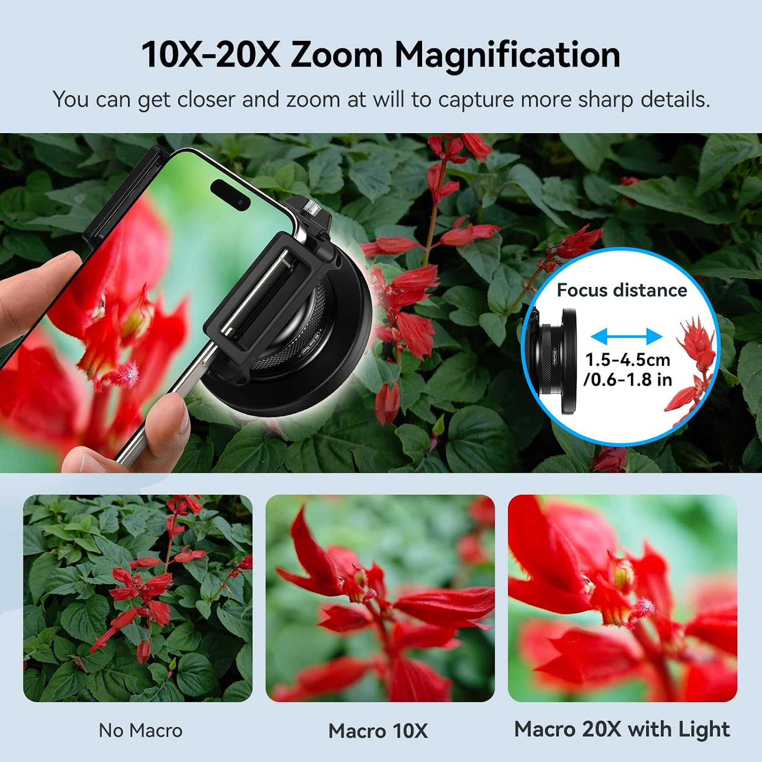 10-20X Macro Lens for iPhone & Android Phones | HD Photography Lens Kit with Universal Clip & 45-Mode Fill Light |