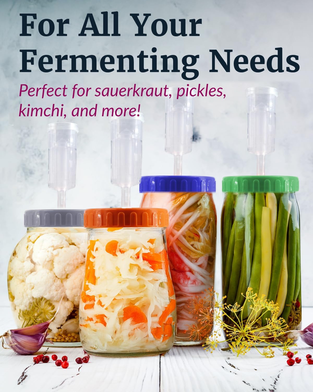 Mason Jar Fermentation Lids - Easy to Use Fermenting Lids for Wide Mouth Mason Jars - Make Delicious Sauerkraut &