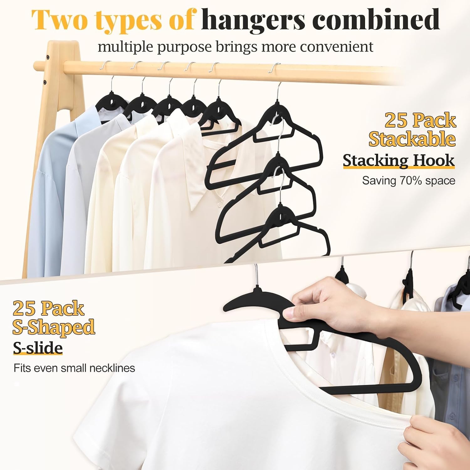 Velvet Hangers 50 Pack, S-Shaped and Stackable Felt Hanger(Black) | Non Slip, 15Lbs Capacity Heavy Duty, Ultra Thin