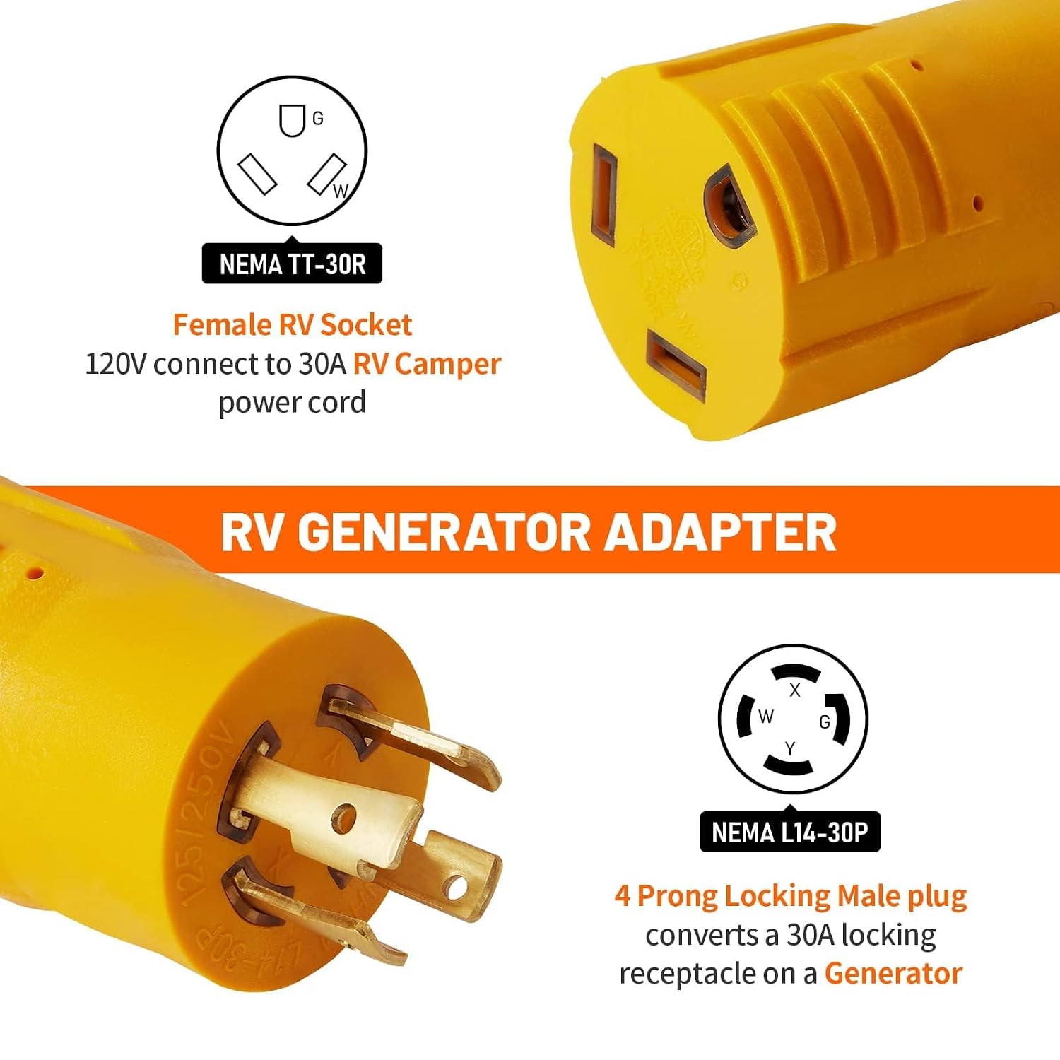 NEMA L14-30P to TT-30R 30 Amp RV Generator Adapter, 4 Prong Locking 120/240V L14-30P Generator Plug to TT-30R 30A RV