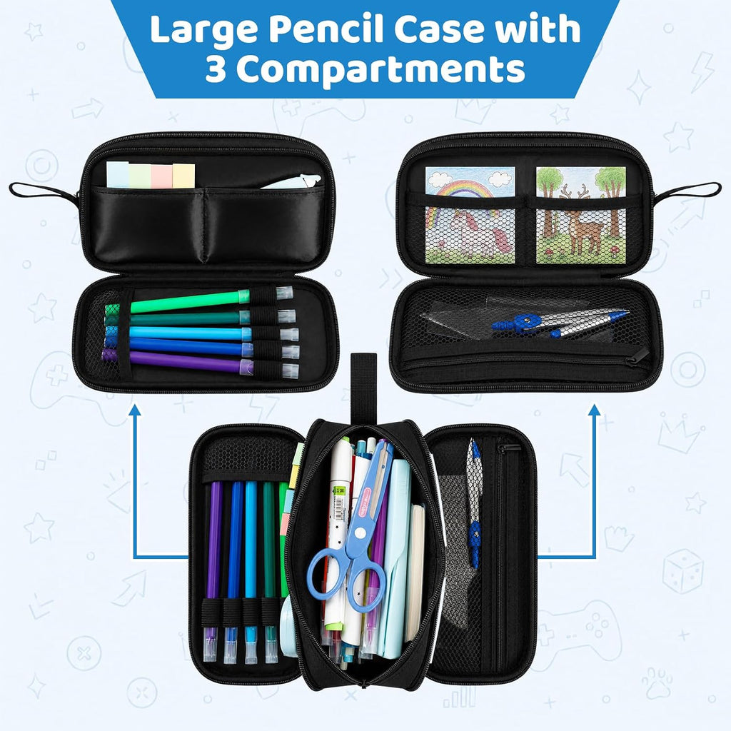 Game Controller Pencil Case for Boys Kids Teens, Large Capacity Pencil Pouch with 3 Compartments, 7 Pockets and Label