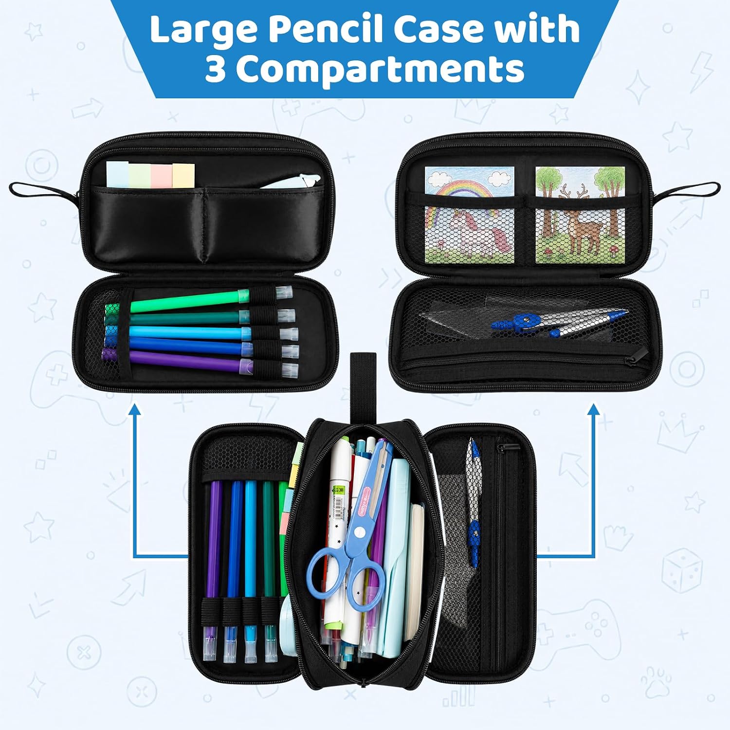 Game Controller Pencil Case for Boys Kids Teens, Large Capacity Pencil Pouch with 3 Compartments, 7 Pockets and Label
