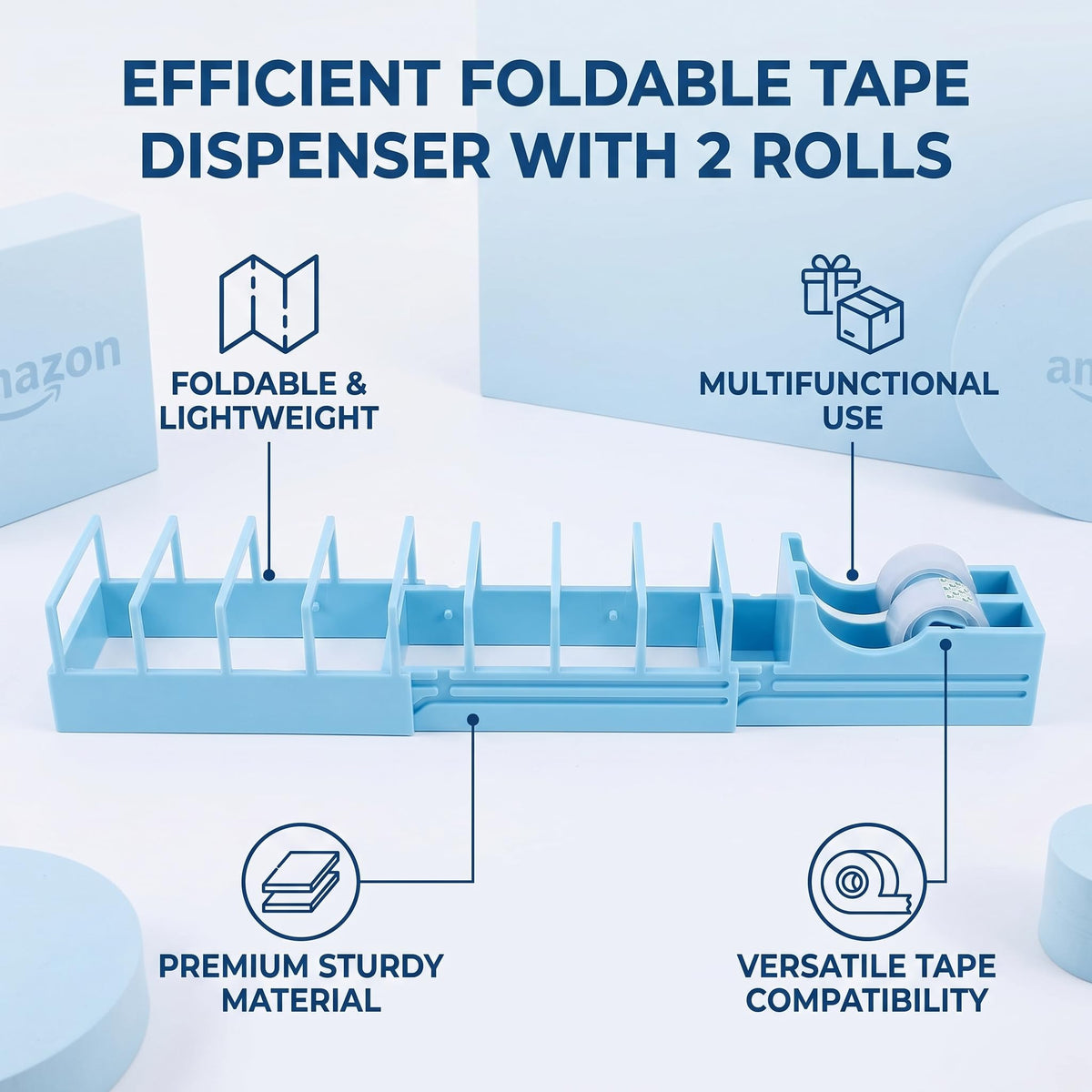 Foldable Tape Dispenser, Portable Lightweight Multi Type Cutter and Holder for Gift Wrapping Home Office Blue Plastic