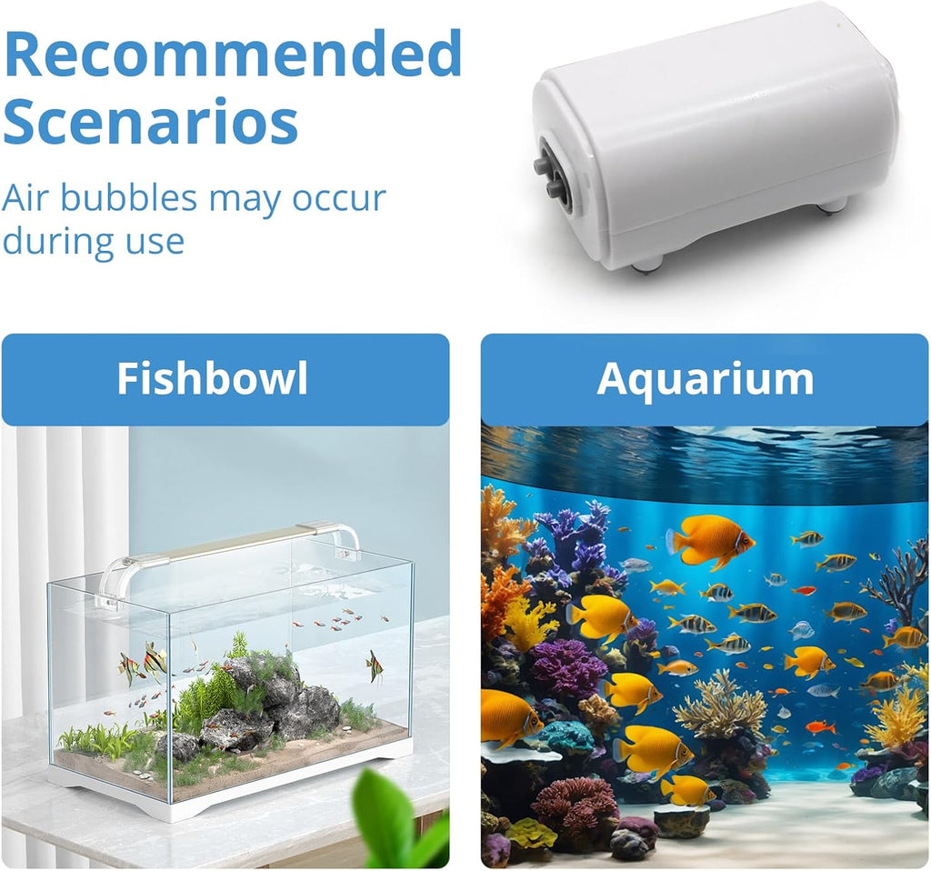 Aquarium Air Pump for Fish Tank, 2 Outlets Adjustable Bubbler, Ultra Quiet & Powerful (3W/5W/10W), Includes Air