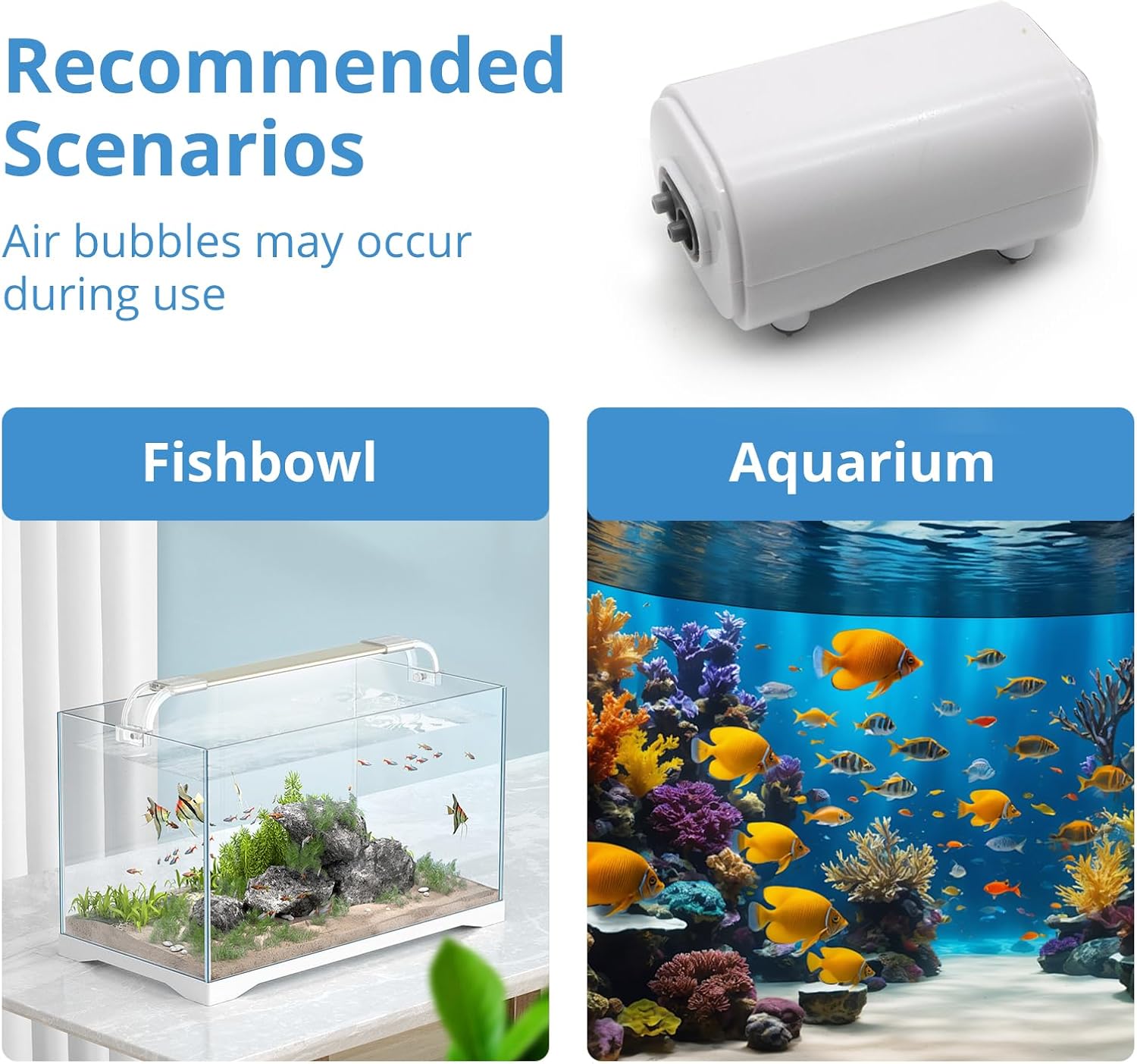 Aquarium Air Pump for Fish Tank, 2 Outlets Adjustable Bubbler, Ultra Quiet & Powerful (3W/5W/10W), Includes Air