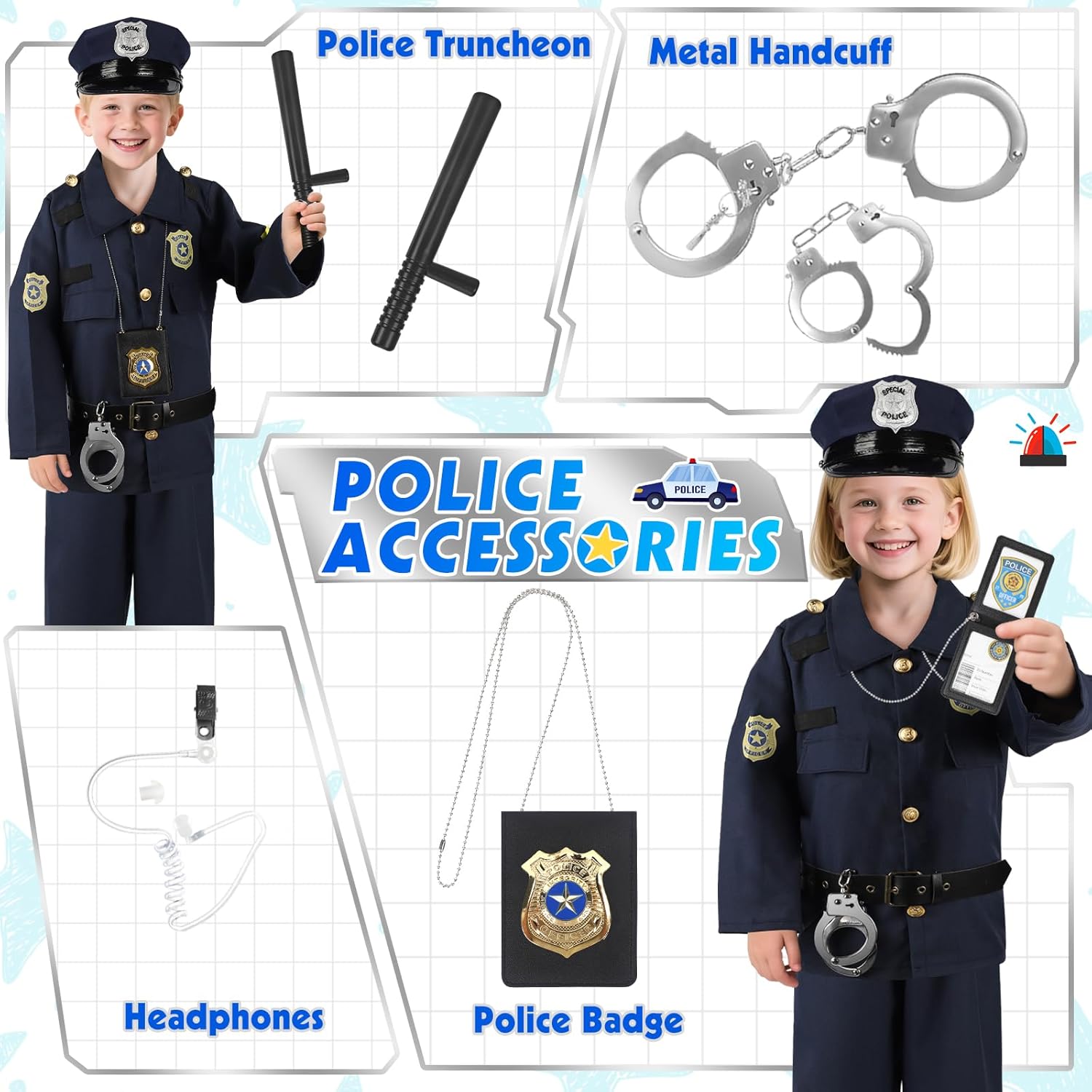 Police Costume for Kids 3-8,Cop Pretend Play Toys for Dress Up | Role Play Set with Handcuffs, Flashlight, Police
