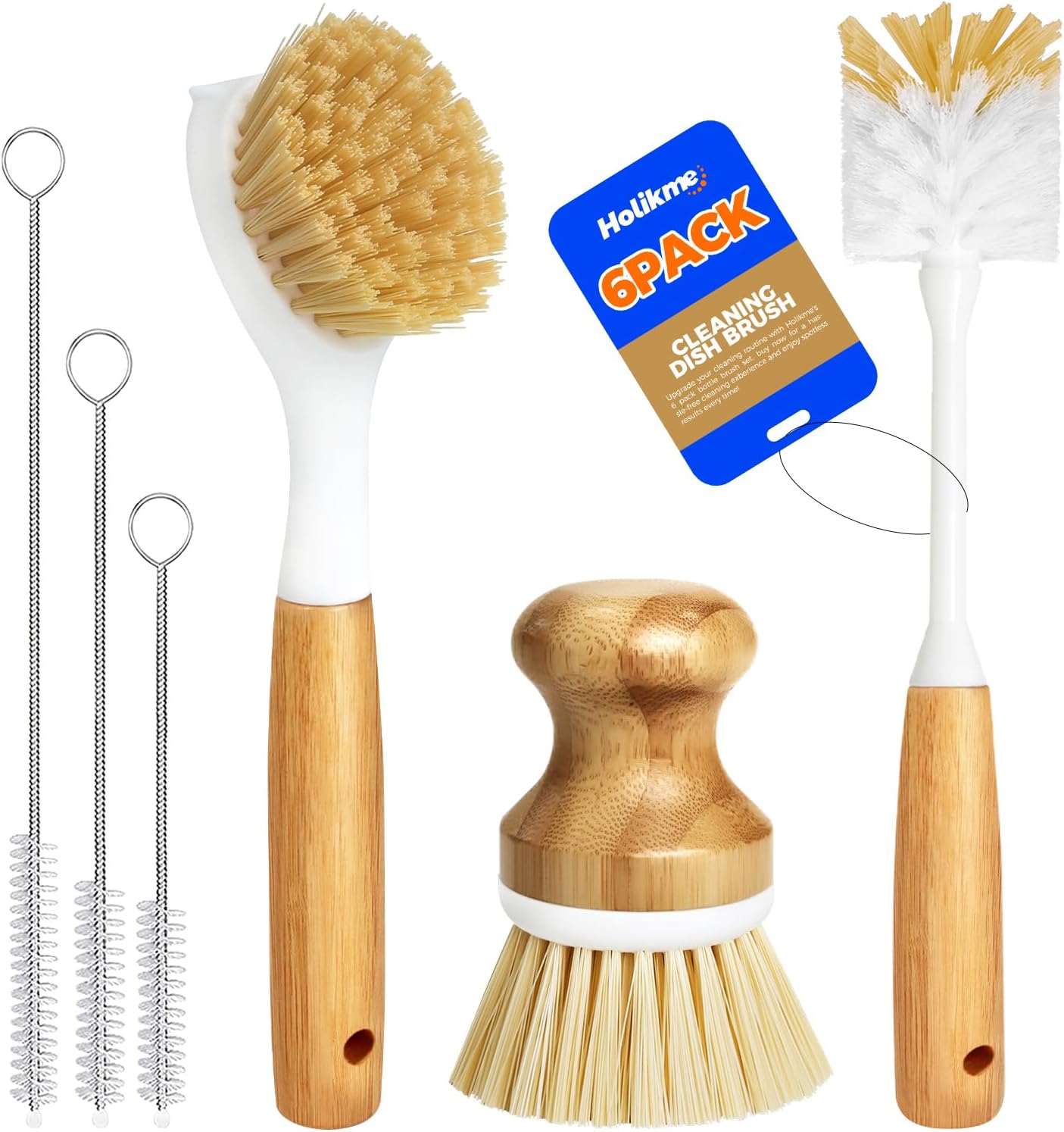 6 Pack Dish Brush Scouring Pad Set with Bottle Brush, Dish Brush, Palm Scrub Brush and Straw Brush, Dish Scrubber