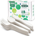 300 Count Compostable Utensils, No Plastic Cutlery Disposable 100 Forks 100 Spoons 100 Knives, White Compostable