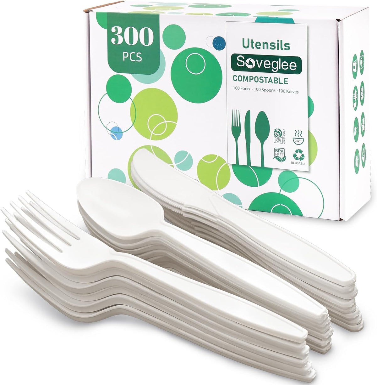 300 Count Compostable Utensils, No Plastic Cutlery Disposable 100 Forks 100 Spoons 100 Knives, White Compostable
