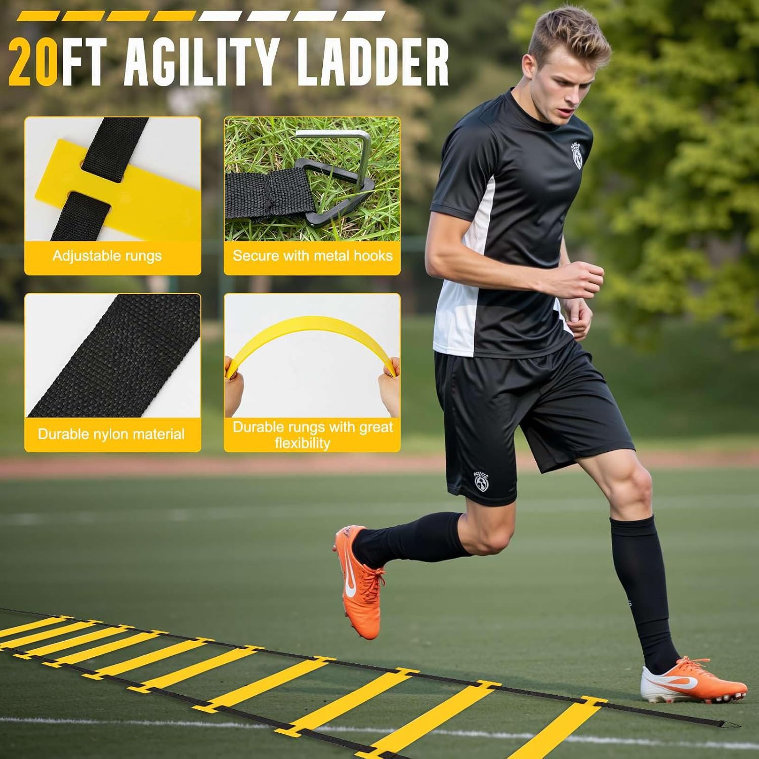 Agility Ladder, Soccer Training Equipment Set, 4 Agility Hurdles, 20ft Speed Ladder, Running Parachute, 12 Football