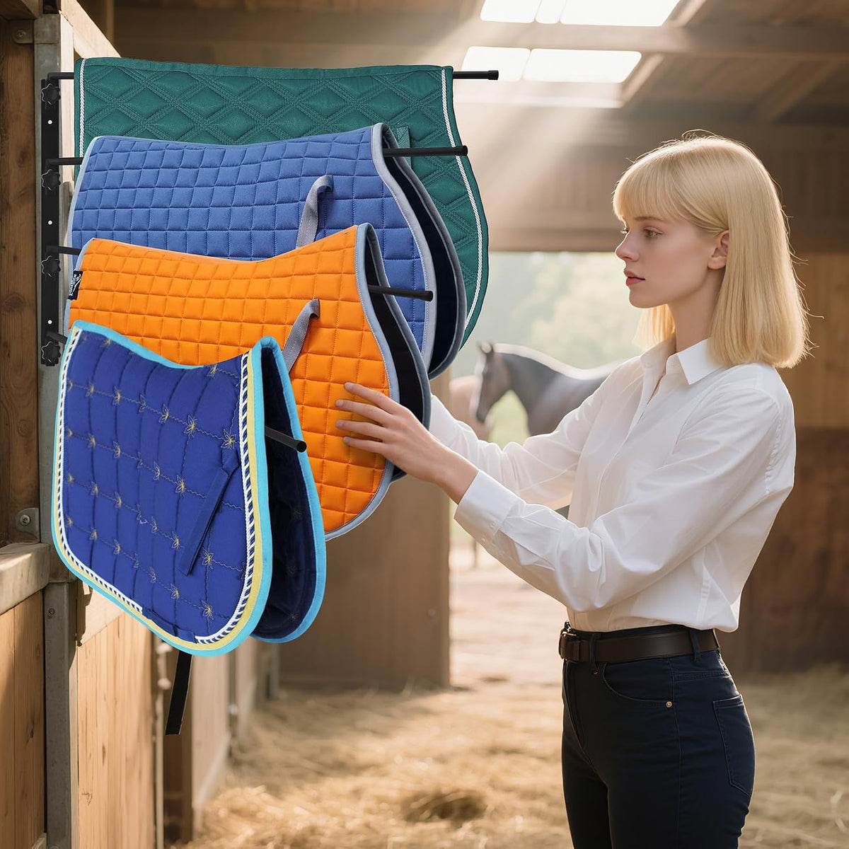 Saddle Pad Rack 4 Bar Wall Mount, Horse Blanket Holder 180 Degree Swing Rack Arms Saddle Rack Wall Mount for English