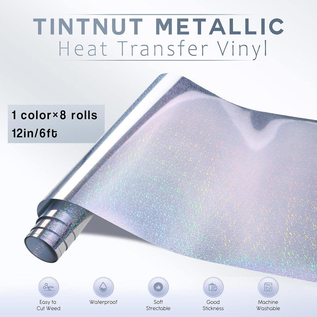 Silver Glitter Metallic HTV Vinyl Roll,12"x6ft Iron on Vinyl | Chrome foil HTV,easy cut & weed,stretch washable,works