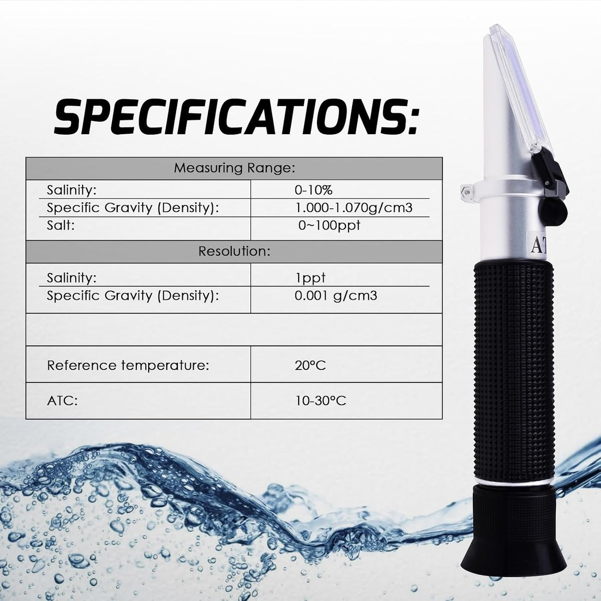 Salinity Refractometer with ATC, Dual Scale Sea Water Refractometer, 0-10% Salinity Range (1.0 to 1.070 Density /