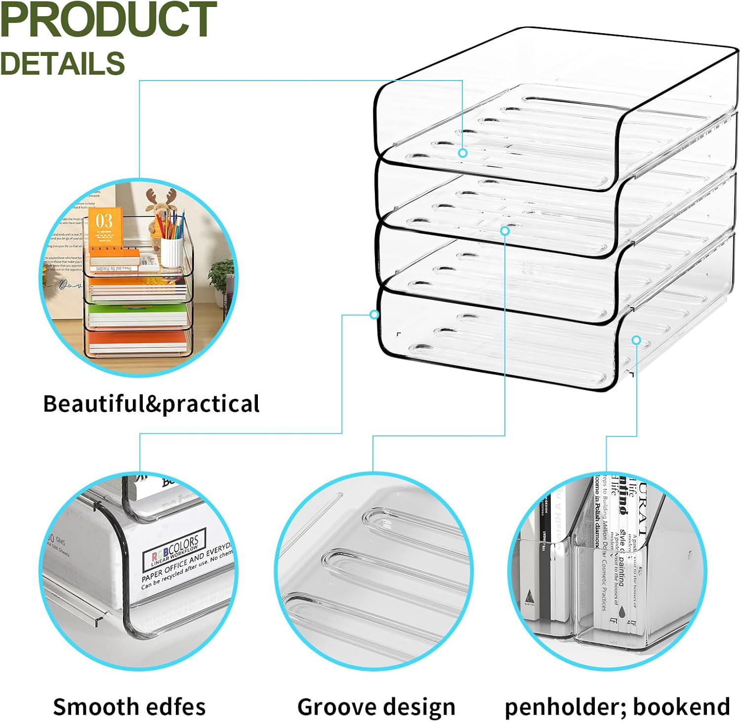 4-Tier Acrylic Paper Tray Organizer, Clear Stackable Desk File Organizer for Documents, Files, Letters, A4 Paper