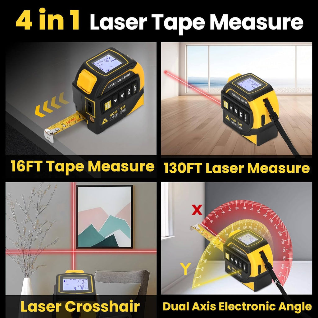 4-in-1 Laser Tape Measure with Level and Crosshairs, 16FT AutoLock Measuring Tape and 130FT Laser Measurement Tool