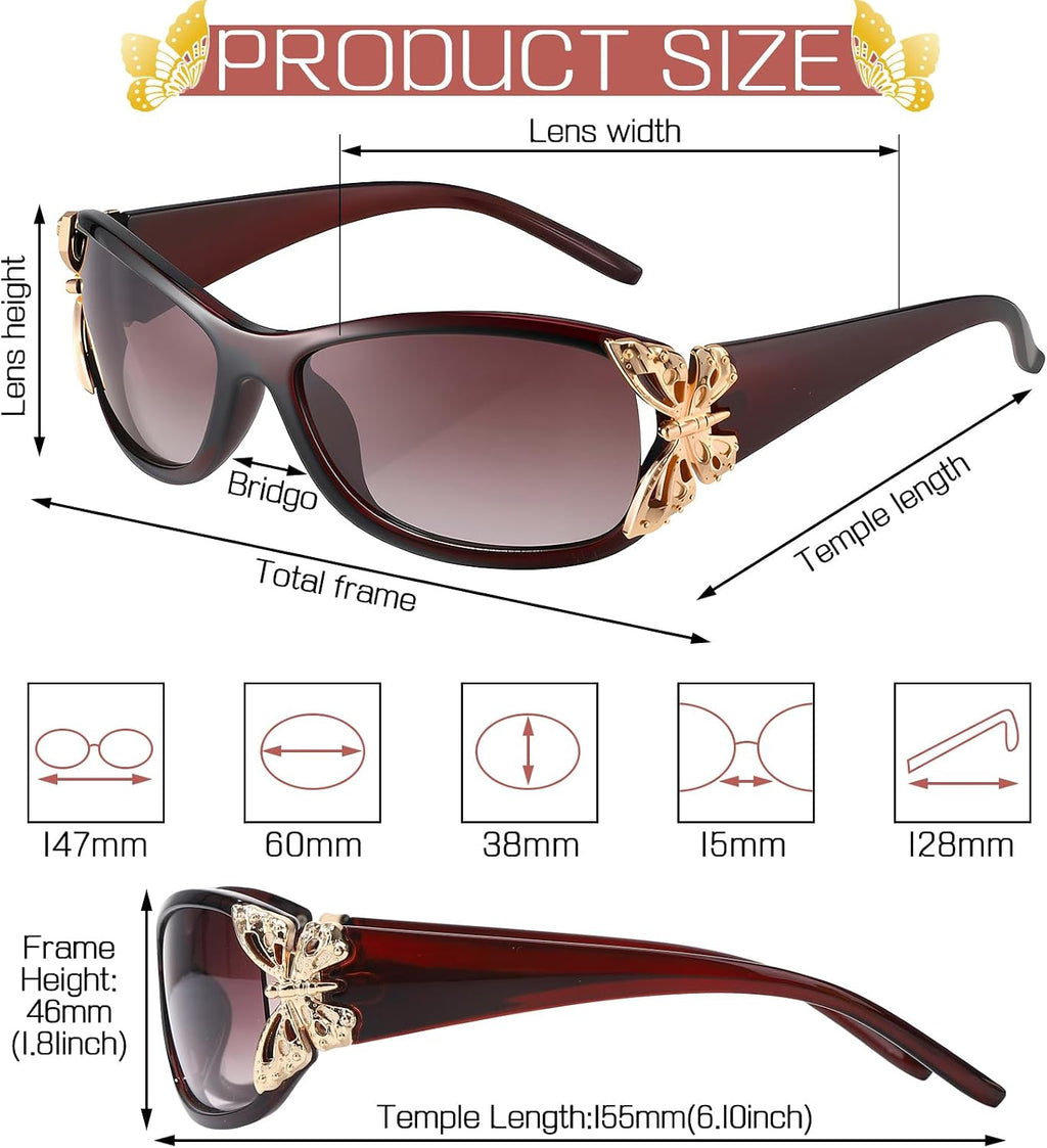 3 Pairs Y2K Sunglasses for Women, Fashion Wrap Around Butterfly Design Sun Glasses with UV400 Protection