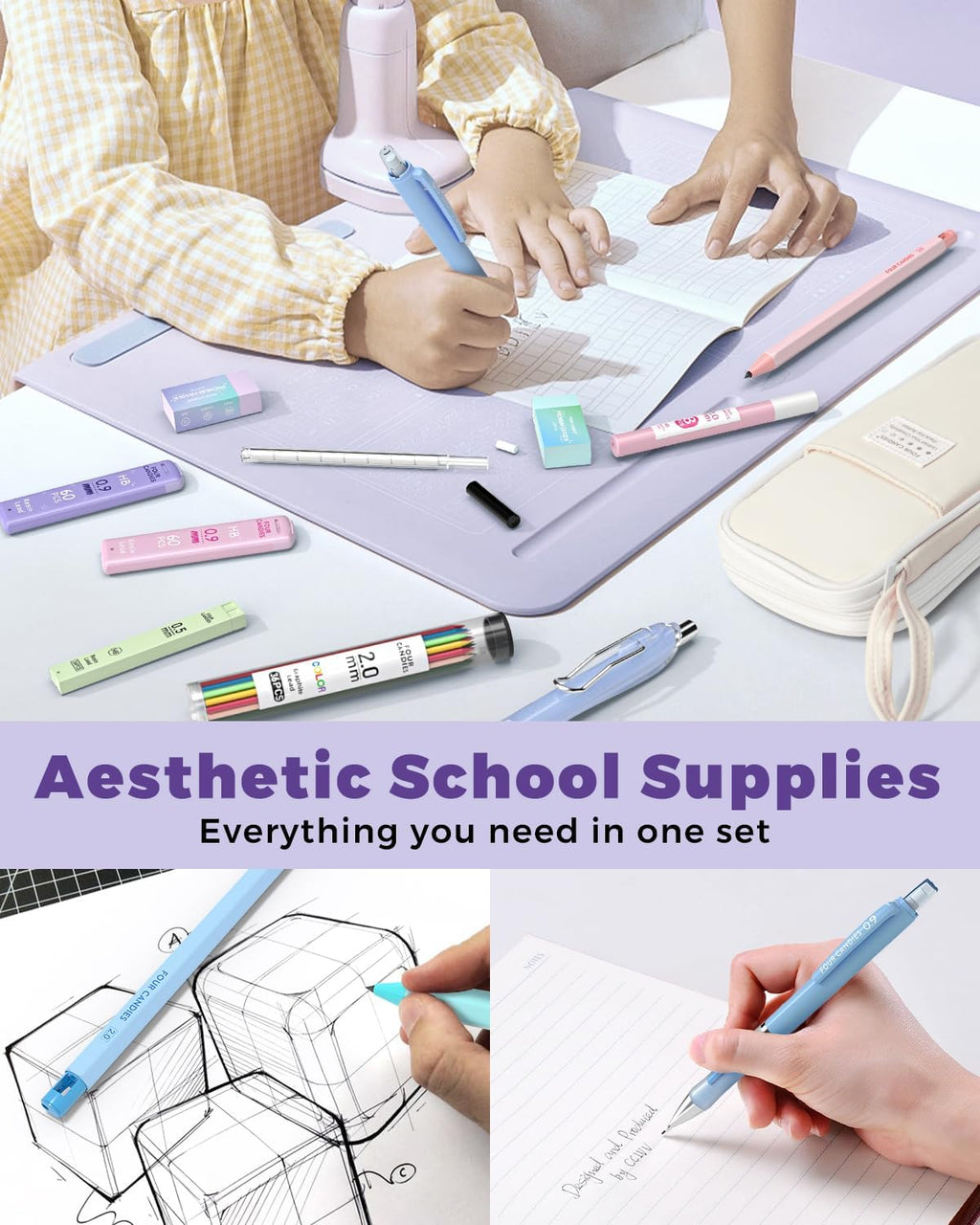 42PCS Mechanical Pencil Set with 696 Lead Refills (Cream) | 0.5mm - 2.0mm Mechanical Pencils, Aesthetic School