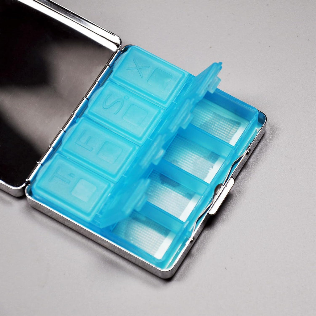 8‑Compartment Metal Pill Box Organizer – Portable Medicine Case 3″×2.6″ | Food‑Grade Dividers | Secure Snap Button