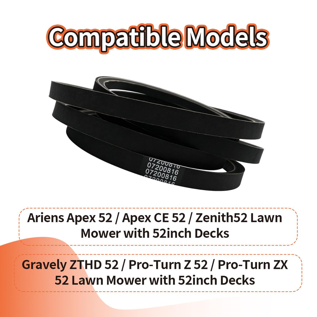 07200816 Mower Deck Drive Belt Compatible with Ariens Apex 52 / Apex CE 52 / Zenith 52 Gravely ZTHD52 / Pro-Turn Z 52 / Pro-Turn ZX 52 Lawn Mower with 52inch Decks (126" x 5/8")