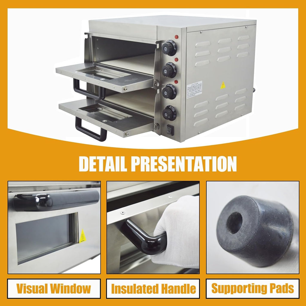 220V Commercial Pizza Oven Double-decker Electric Countertop 16” Pizza Baking Machine 3KW Stainless Steel Portable