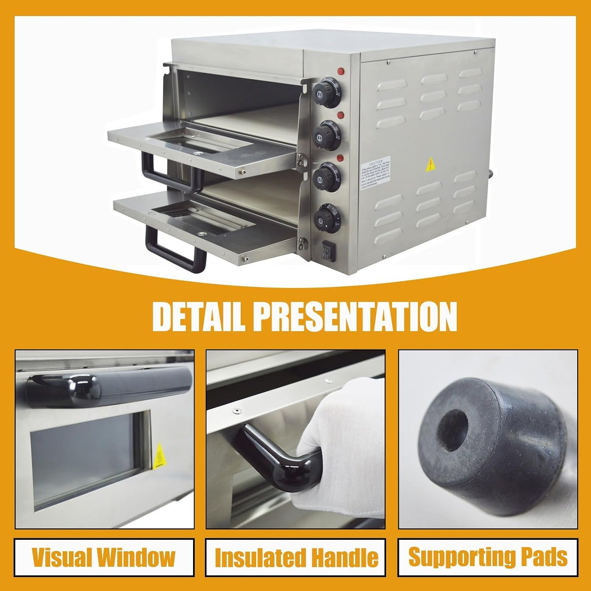 220V Commercial Pizza Oven Double-decker Electric Countertop 16” Pizza Baking Machine 3KW Stainless Steel Portable