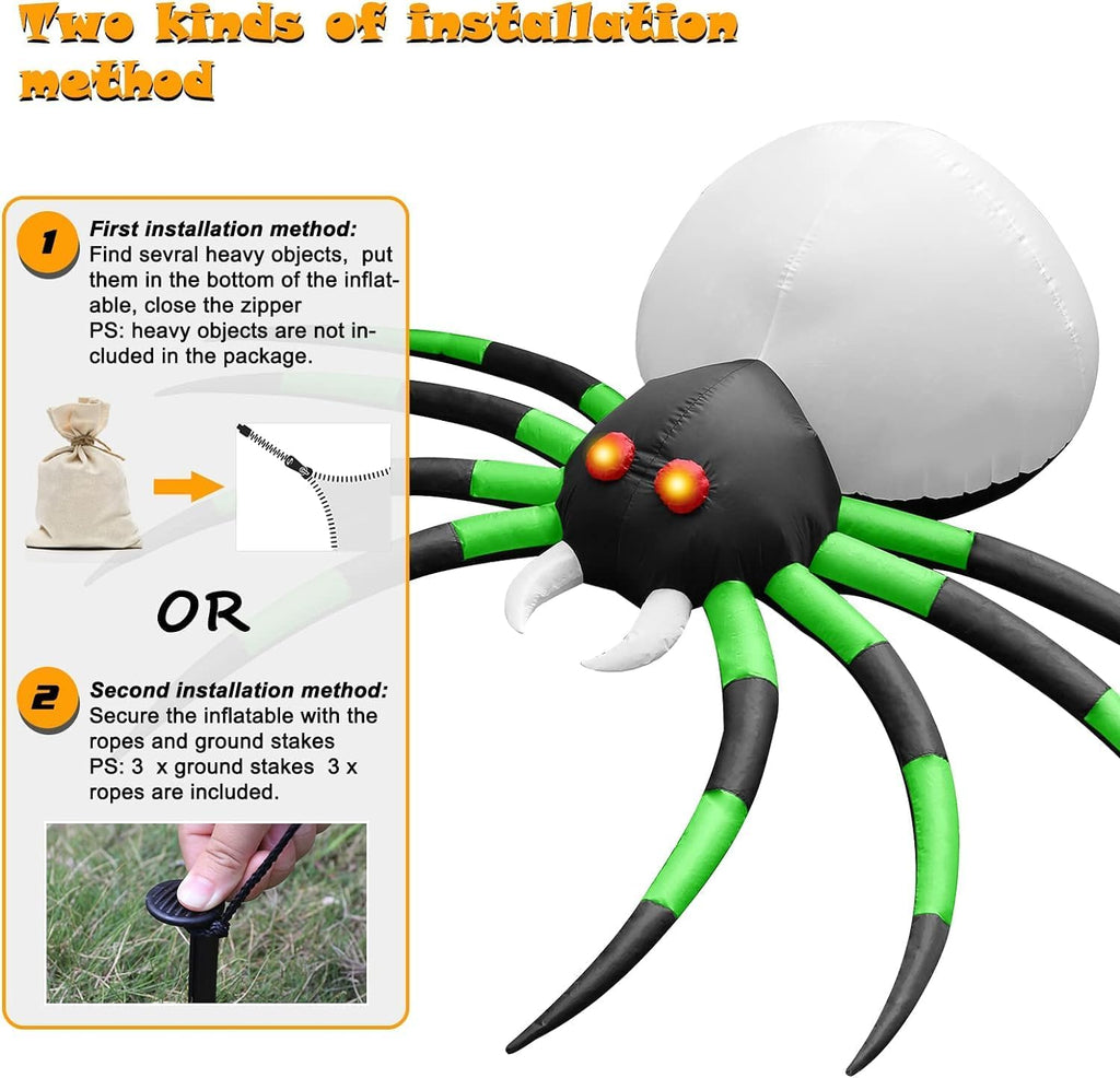 8 FT Halloween Inflatables Spider Outdoor Decorations for Yard, Giant Blow up Green Spider with Rotating Fire Flame
