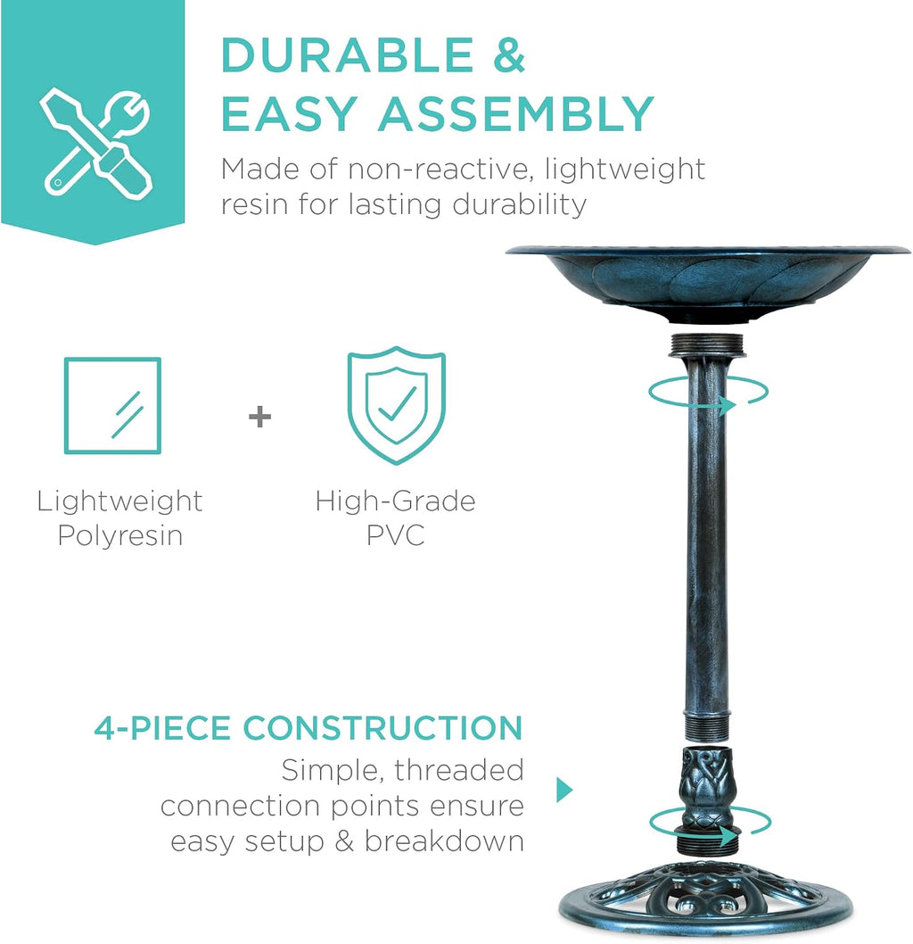 Bird Bath, 28in Outdoor Resin Pedestal - Peacock Blue