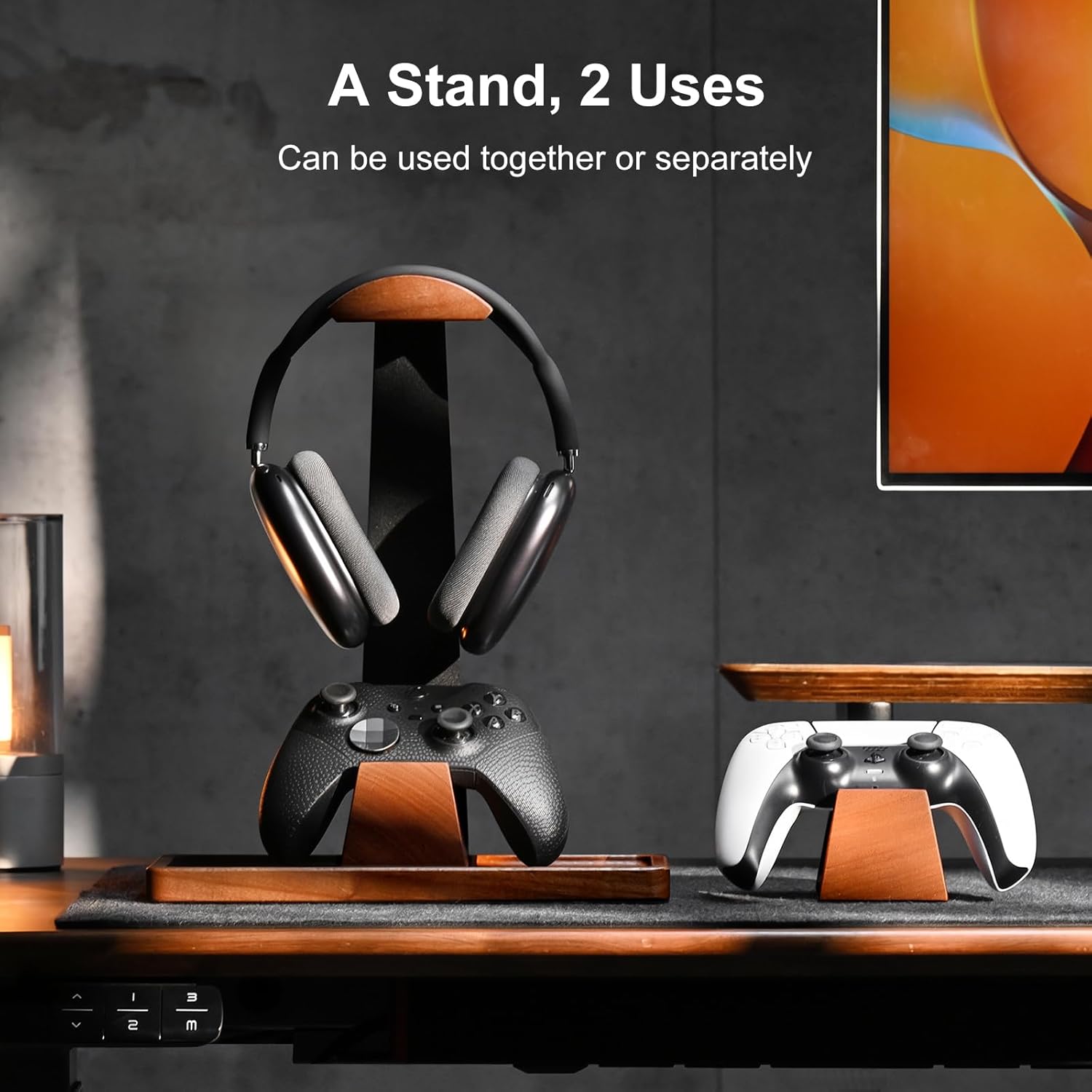 Headphone and Headset Stand with Controller Holders for Gaming Desk | Solid Wood, Holds 2 Controllers, Storage Tray