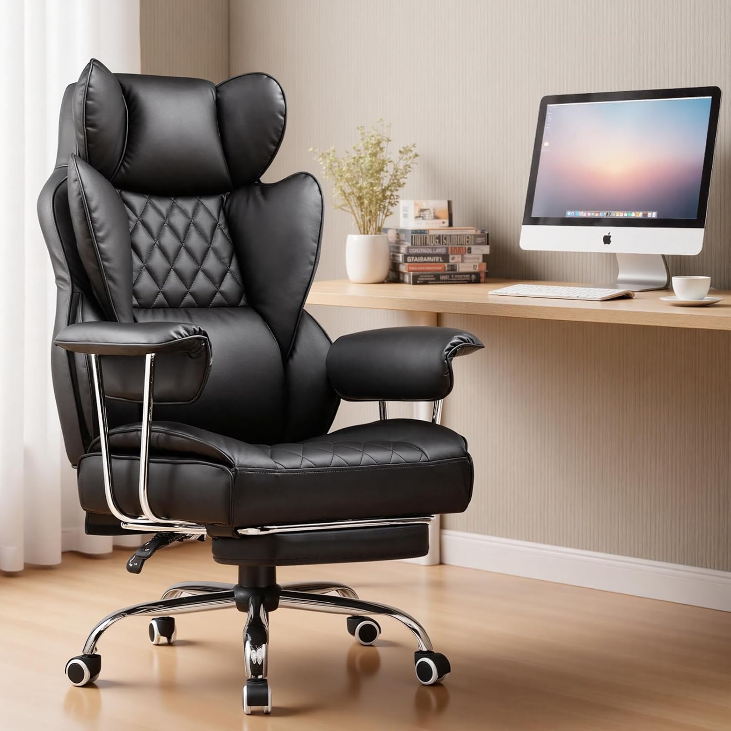 Big and Tall Office Chair, High Back Leather Gaming Chair with Footrest, Executive Ergonomic Office Chair with Pocket