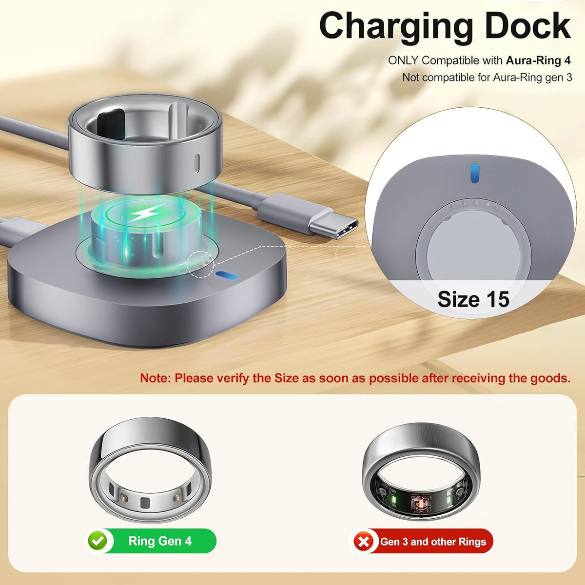 Compatible with Aura-Ring Gen 4 Charger Size 15, Safe & Fast Charging Dock