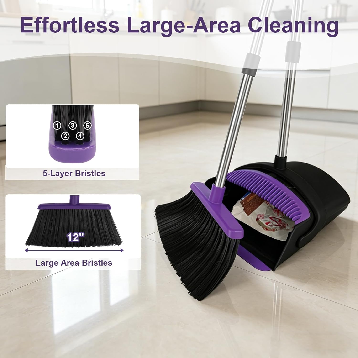 Broom and Dustpan Set, Upright Purple Broom with Dustpan Combo Set 51" Long Handle, Self Cleaning Dust Pan for Home