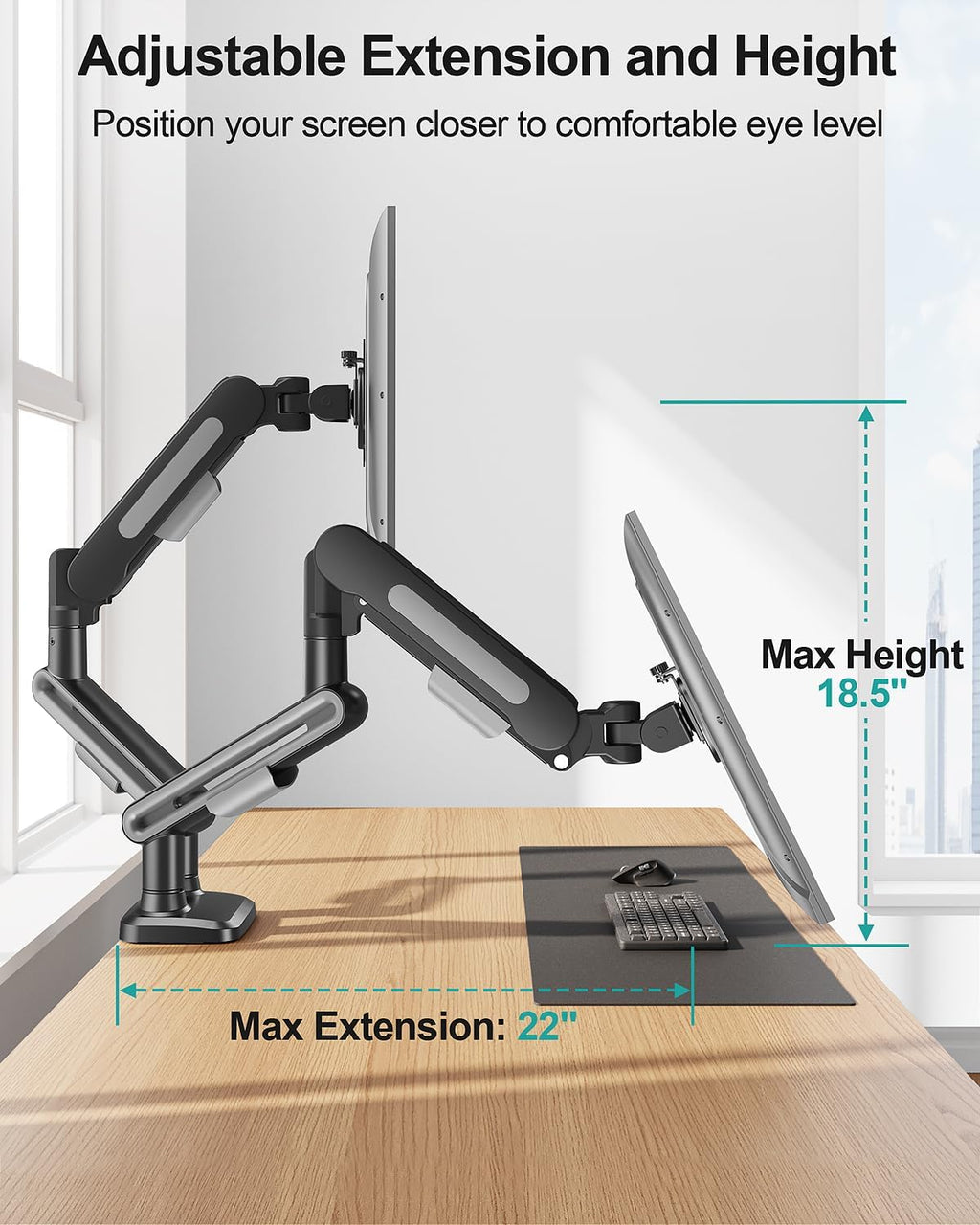 Dual Monitor Desk Mount, Pneumatic Monitor Arms for 2 Monitors Max 39 Inches, Adjustable Dual Computer Monitor Stand