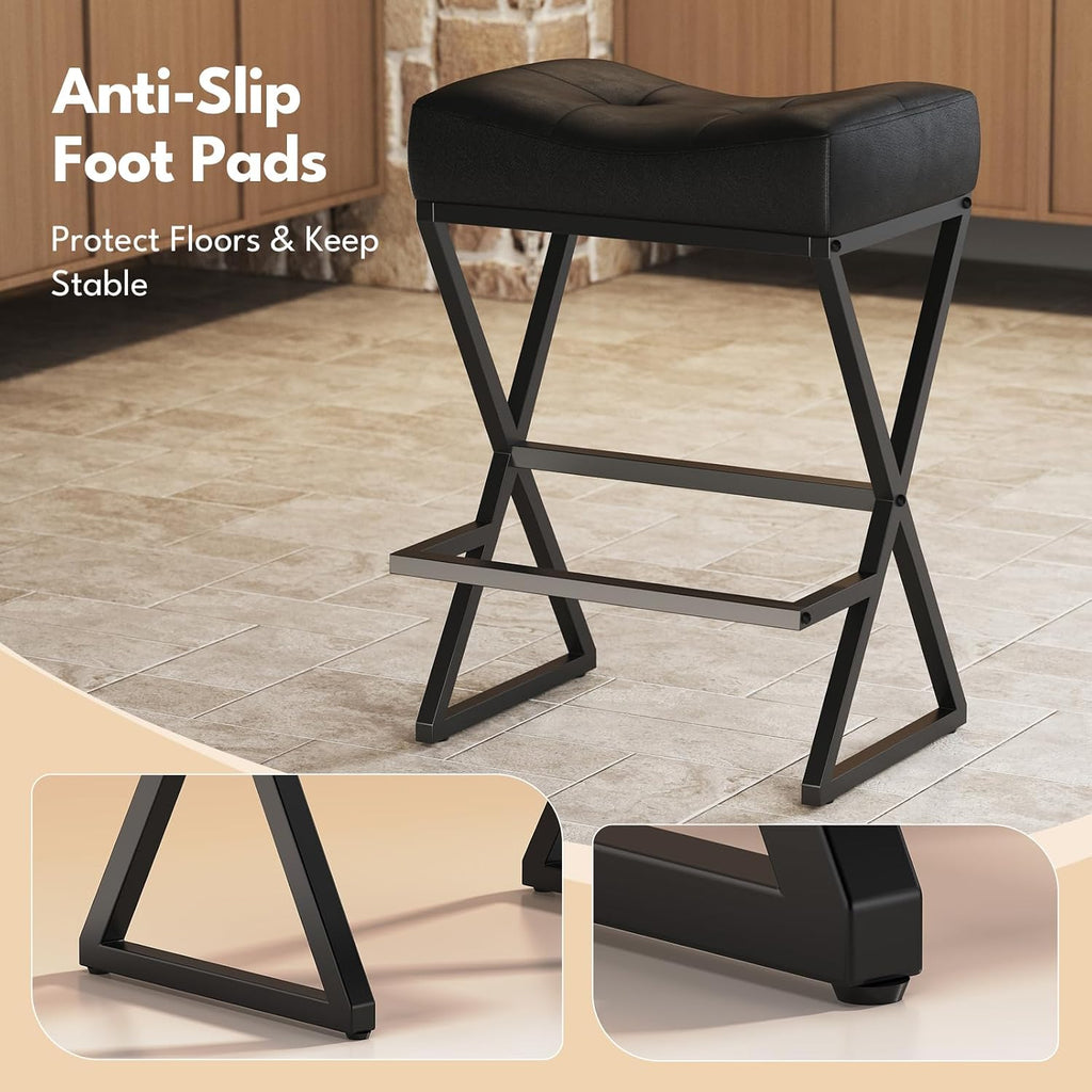 Counter Height Bar Stools Set of 3, Backless 26" Saddle Barstools, Black