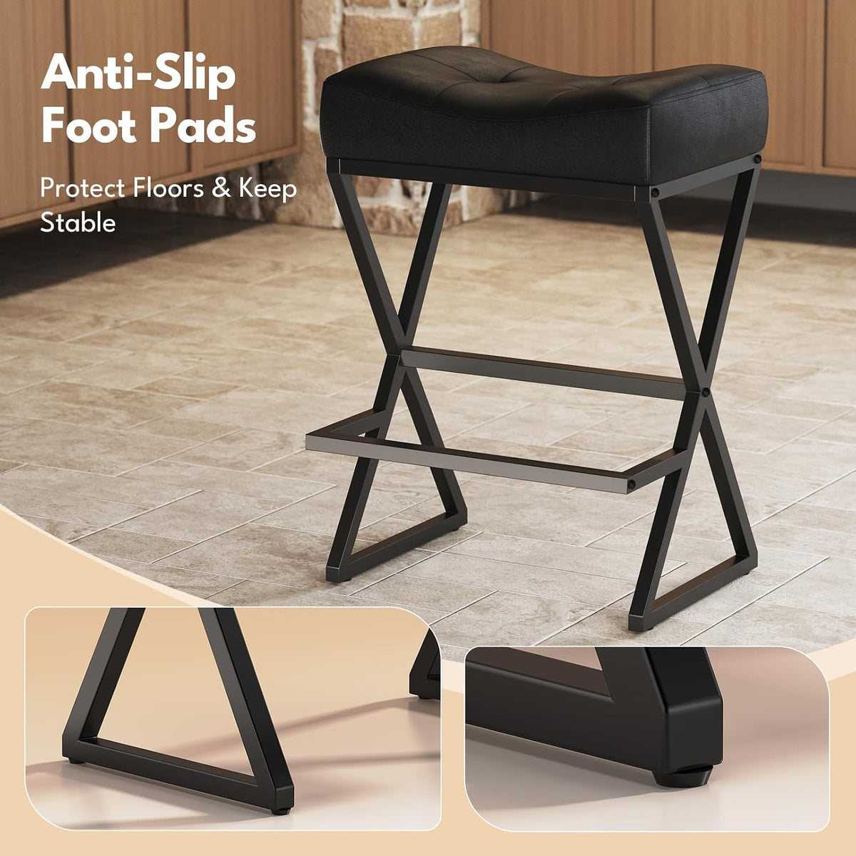 Counter Height Bar Stools Set of 3, Backless 26" Saddle Barstools, Black