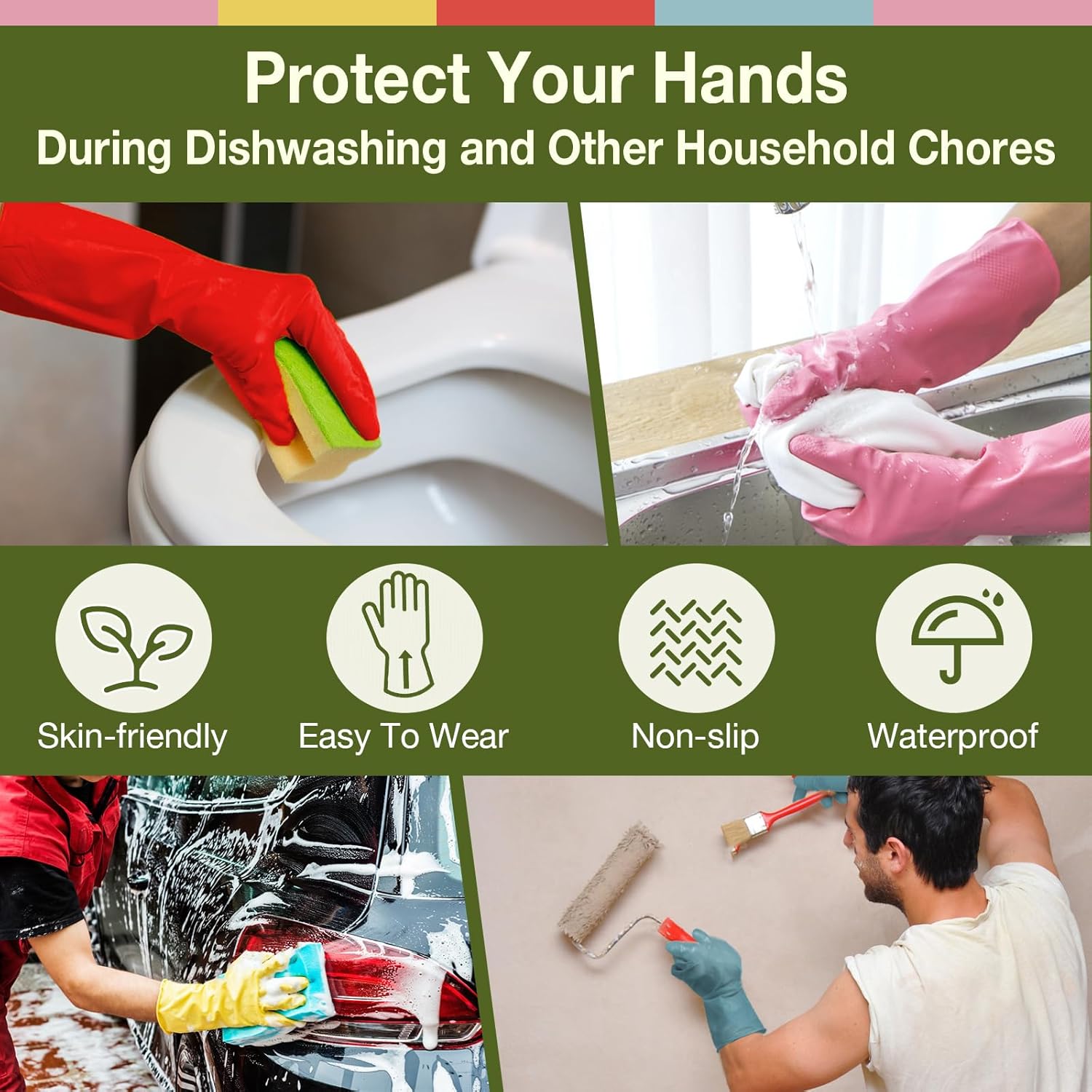 Rubber Cleaning Gloves 5 Pairs Kitchen Dishwashing Gloves Reusable for Household Washing Dishes Cleaning Gardening