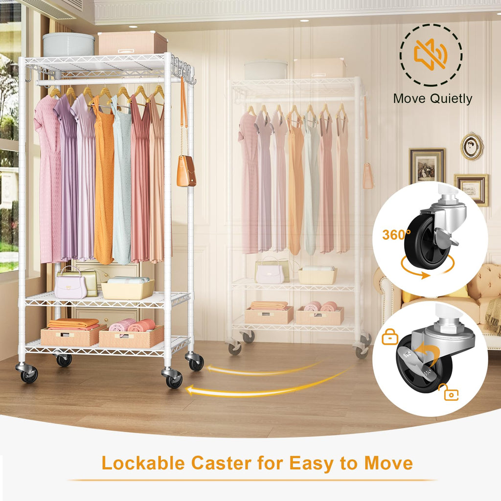 Rolling Clothes Rack, Clothing Racks for Hanging Clothes, White