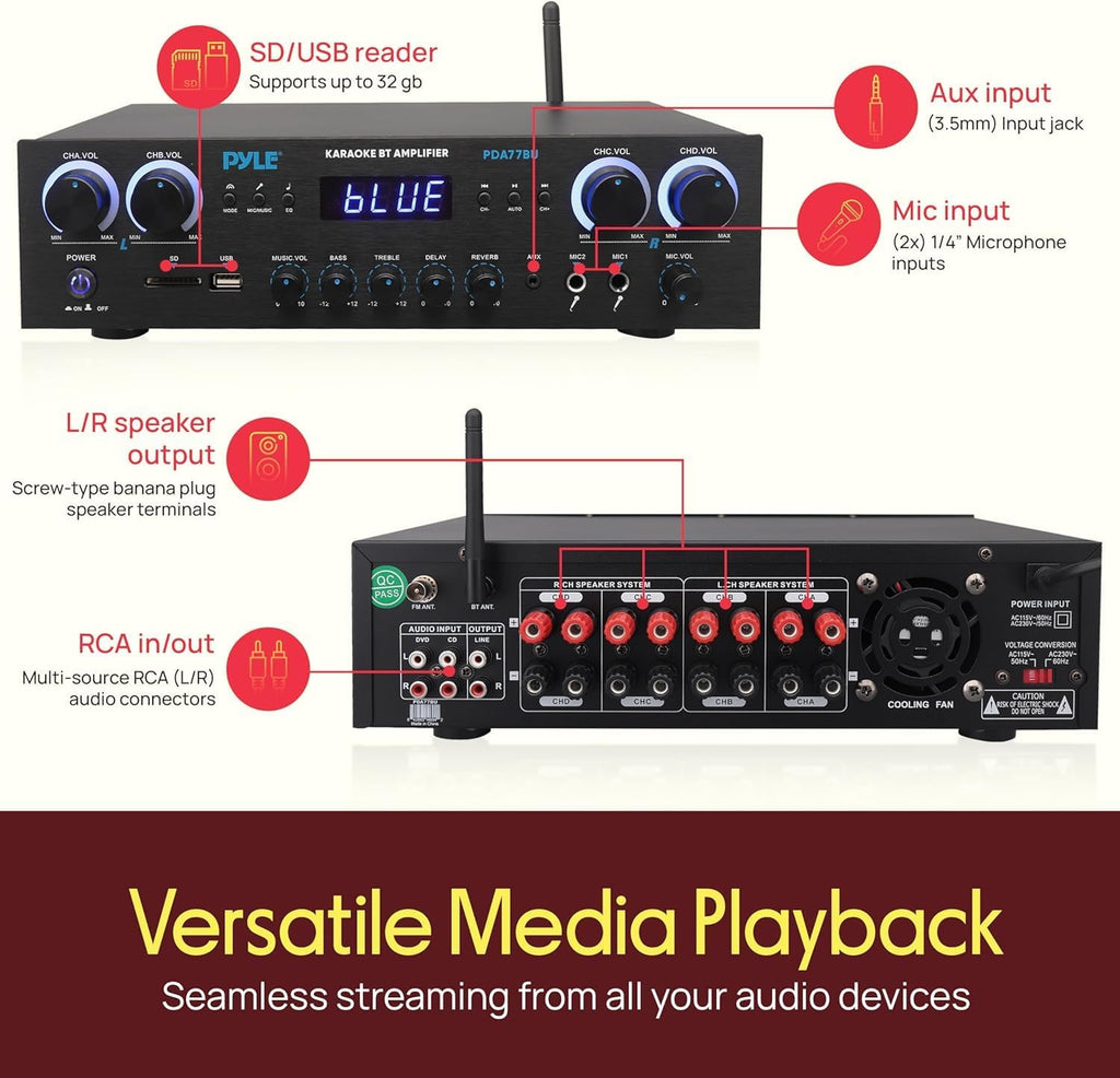 Home Stereo Receiver with Bluetooth - 4 Channel Amplifier, 800 Watt Max, USB-A Input w MP3 Player, Easy Karaoke Setup