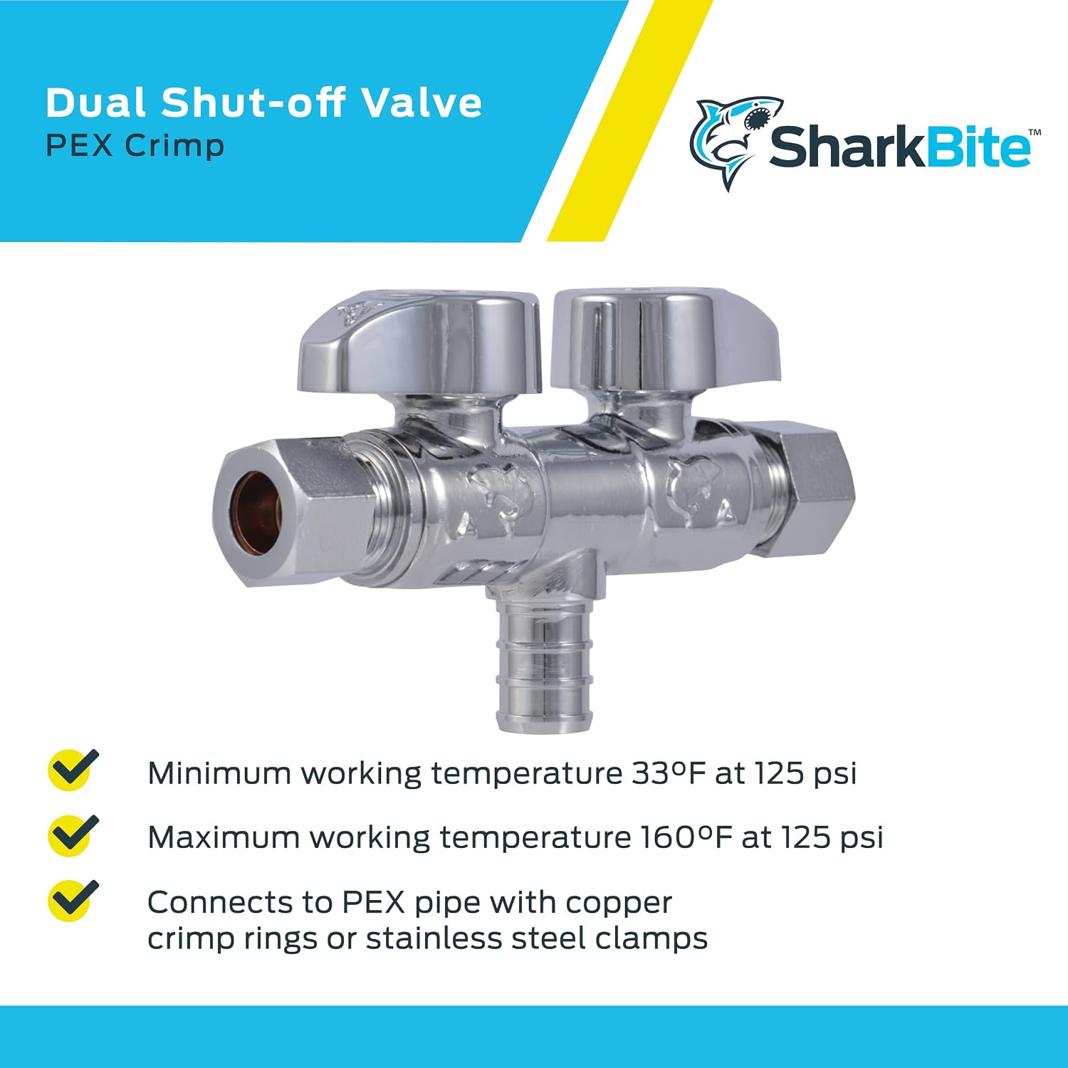 1/2 x 3/8 x 3/8 Inch Brass Crimp Angle Stop Valve, Dual Shut Off, Quarter Turn, PEX Pipe, PE-RT, UCDS123838Z
