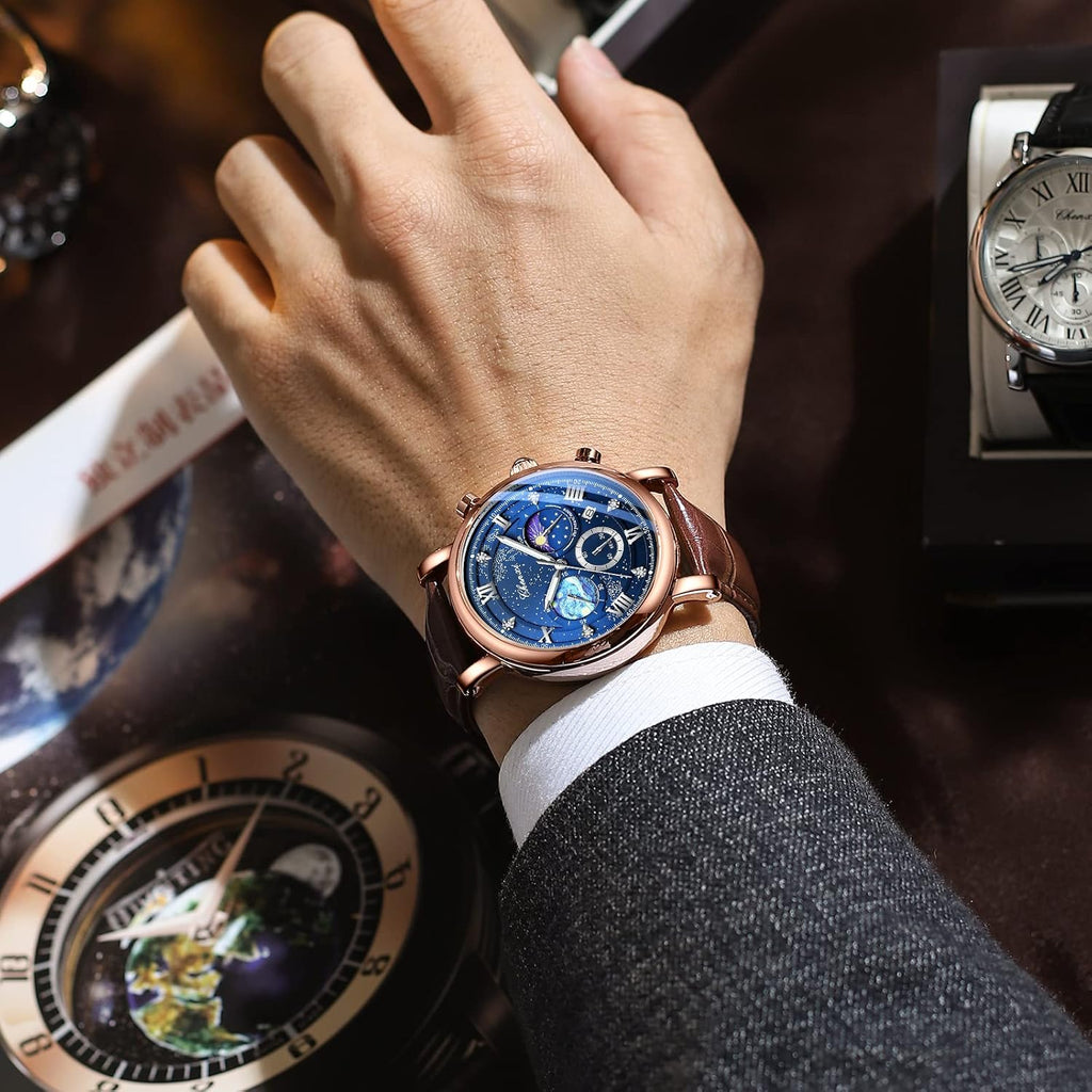 Men Classic Watches Chronograph Analog Watch Business Dress Leather | Waterproof Luminous Chronograph Starry Sky Moon