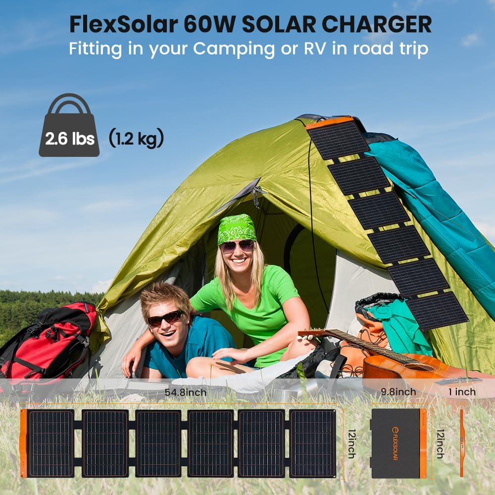 60W Foldable Portable Solar Panel Charger IP67 Waterproof | with PD3.0 USB-C, QC3.0 USB-A & DC; Power Emergency