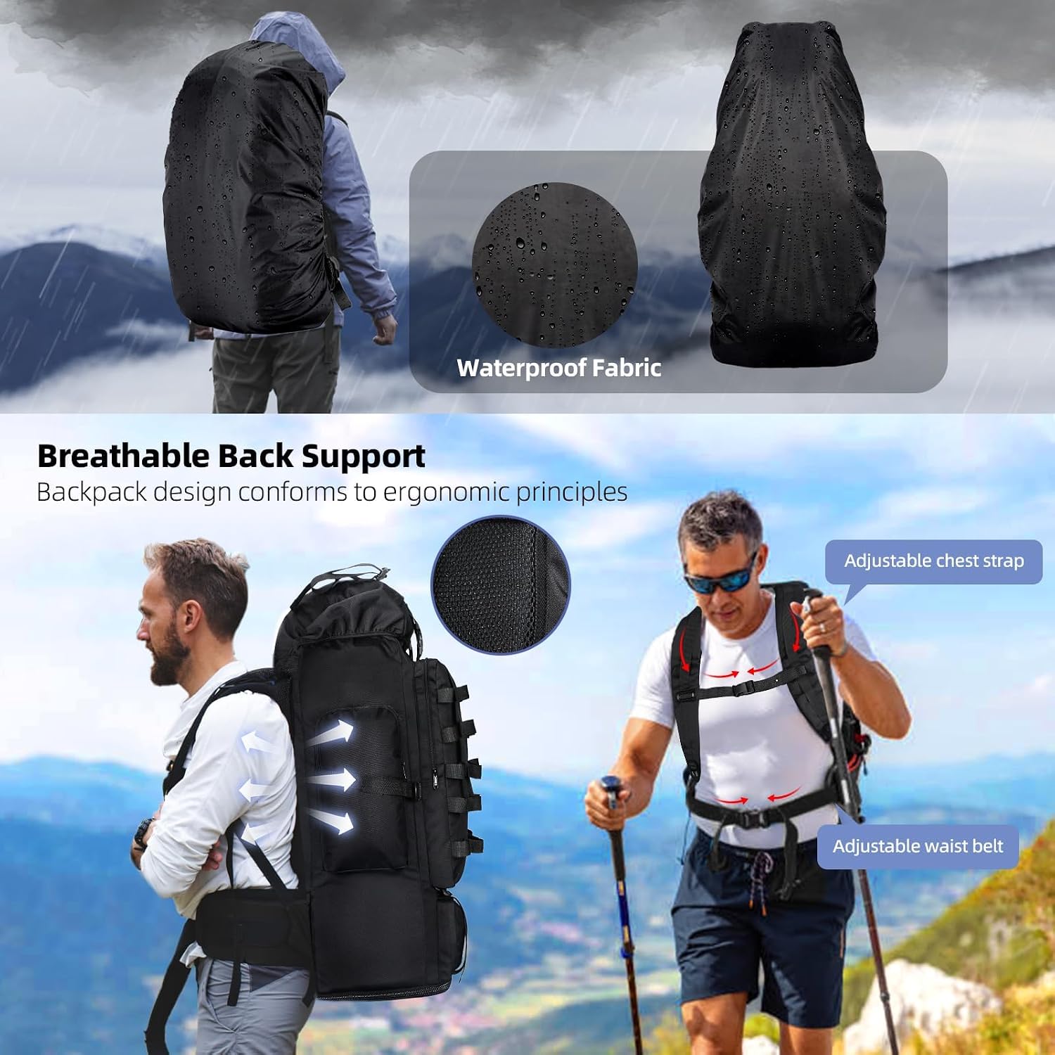 70L/100L Camping Hiking Backpack with Rain Cover, Expandable Large Military Tactical Backpack, Waterproof Molle